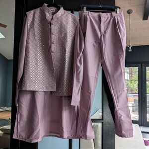 Lilac Purple Linen Silk Nehru Kurta Set Embroidered With Mirror Work